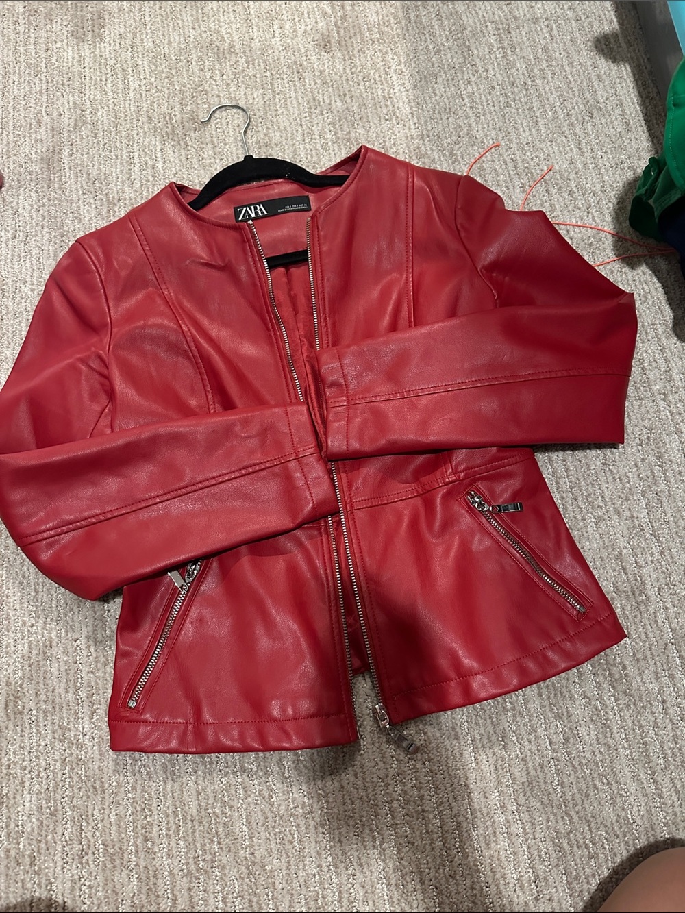 Zara Red Faux Leather Zip-Up Jacket
